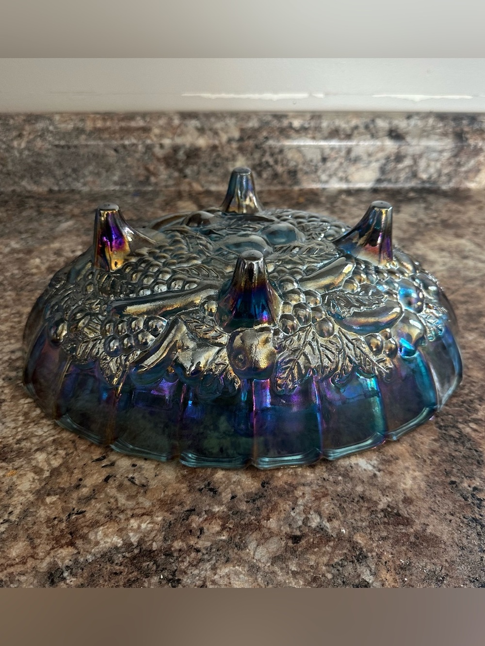 Vintage Blue and silver rainbow iridescent carnival glass fruit bowl